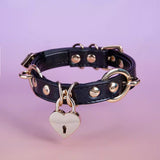 LEATHER LOVE HEART PADLOCK CHOKER (6 COLORS)